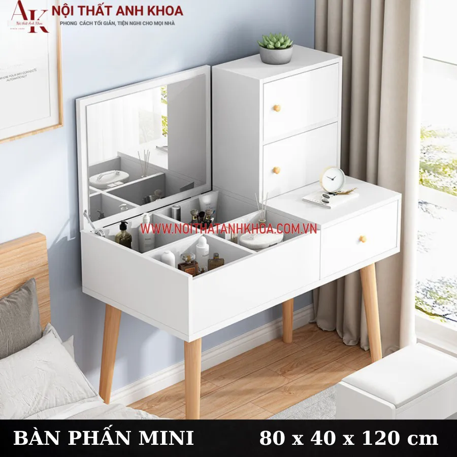 Bàn Trang Điểm Gỗ MDF Màu Trắng Gương Lật Thông Minh
