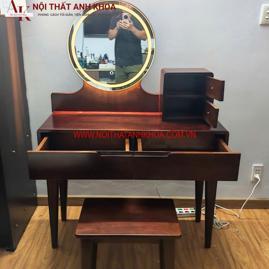 Bàn Trang Điểm Gỗ Tự Nhiên Màu Vàng Gương LED Đẹp Giá Rẻ