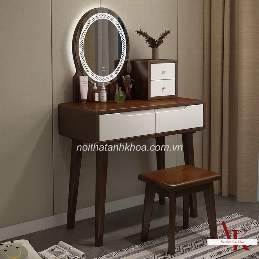 Bàn Trang Điểm Gỗ Tự Nhiên Màu Vàng Gương LED Đẹp Giá Rẻ