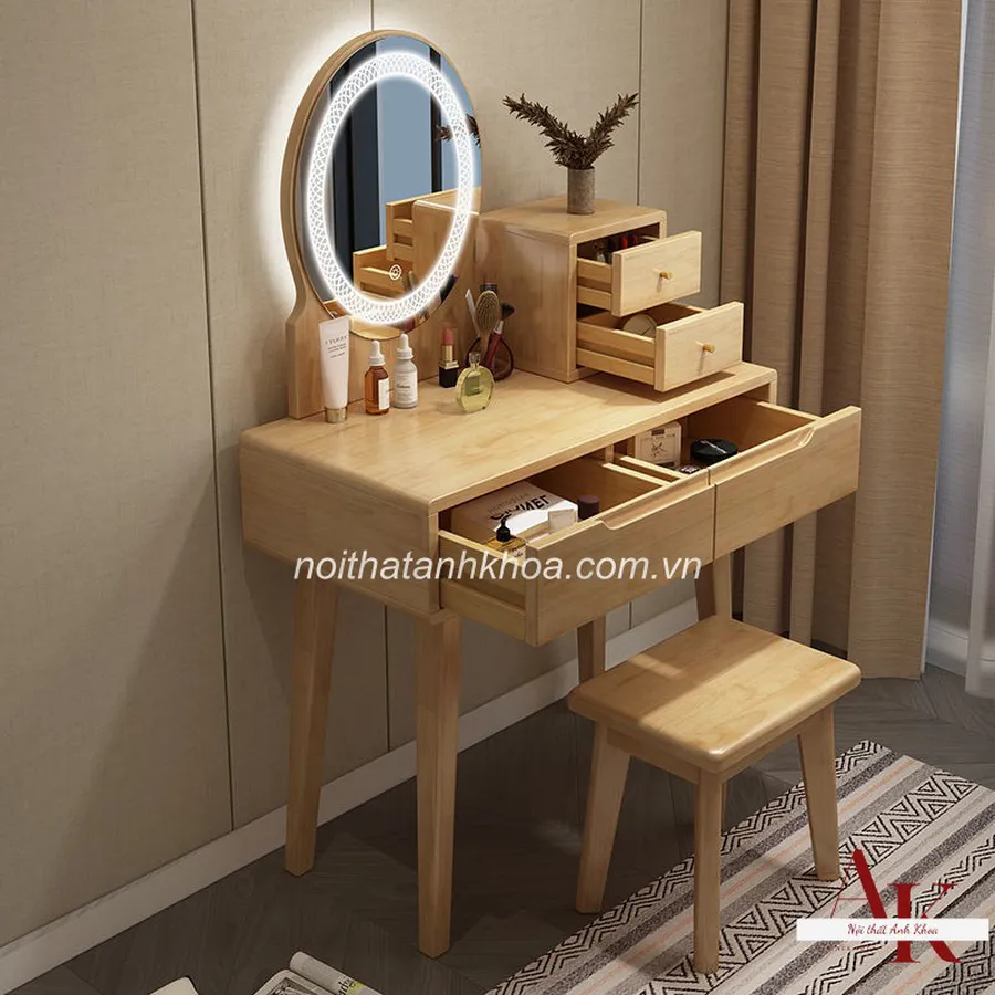 Bàn Trang Điểm Gỗ Tự Nhiên Màu Vàng Gương LED Đẹp Giá Rẻ
