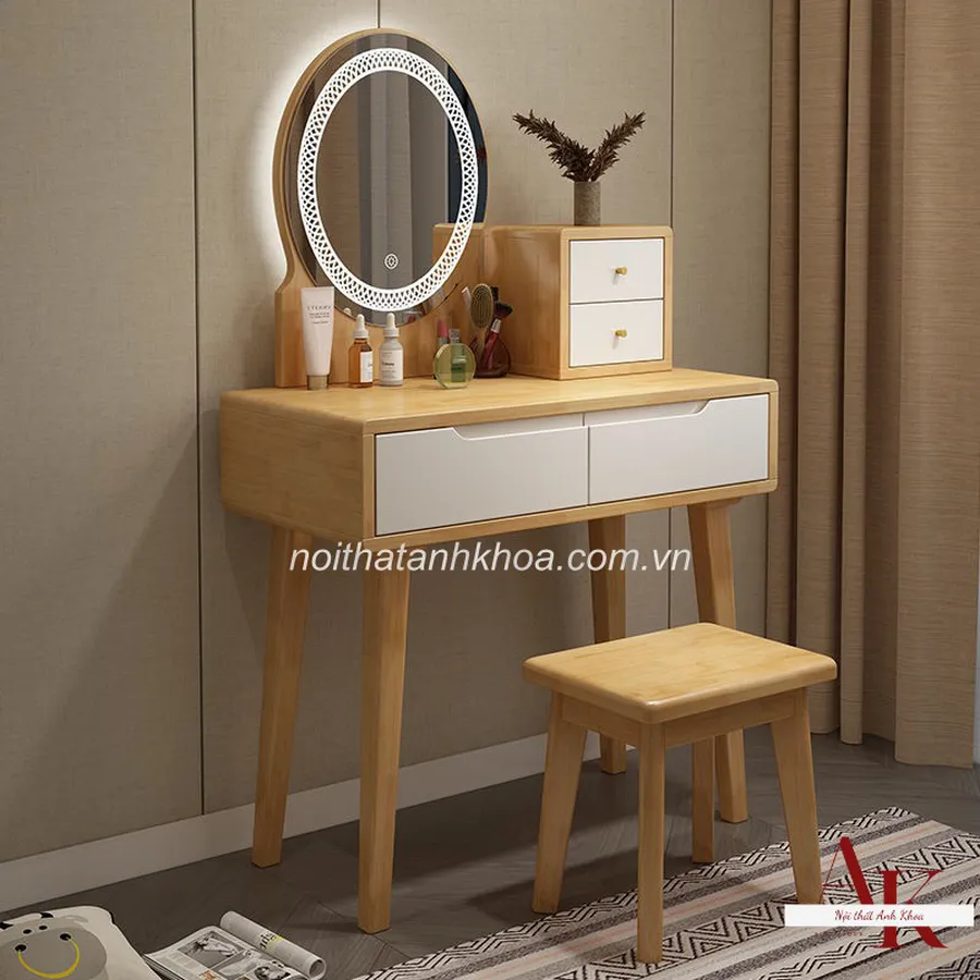 Bàn Trang Điểm Gỗ Tự Nhiên Màu Vàng Gương LED Đẹp Giá Rẻ