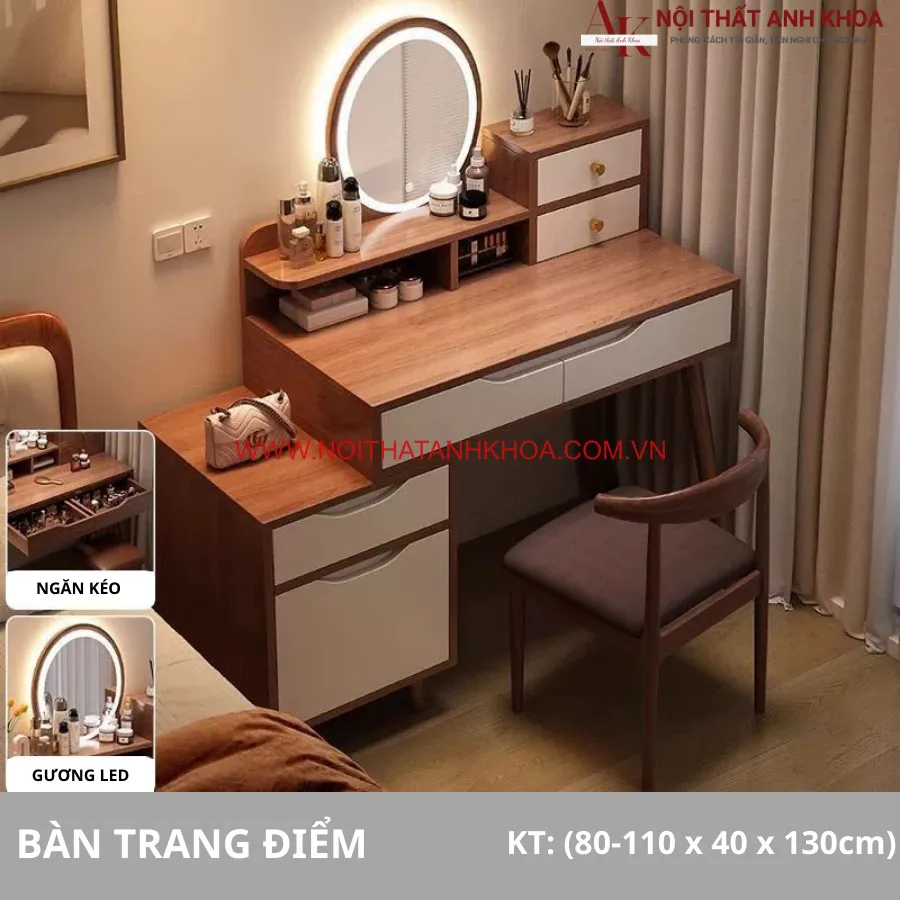 Bàn Trang Điểm Hiện Đại Gỗ Công Nghiệp Có Đèn Led