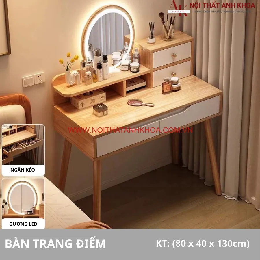 Bàn Trang Điểm Hiện Đại Gỗ Công Nghiệp Có Đèn Led