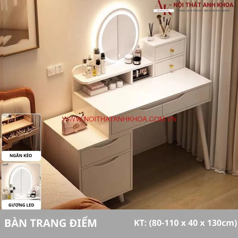 Bàn Trang Điểm Hiện Đại Gỗ Công Nghiệp Có Đèn Led