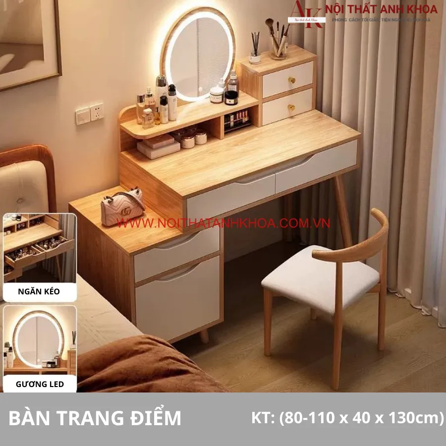 Bàn Trang Điểm Hiện Đại Gỗ Công Nghiệp Có Đèn Led