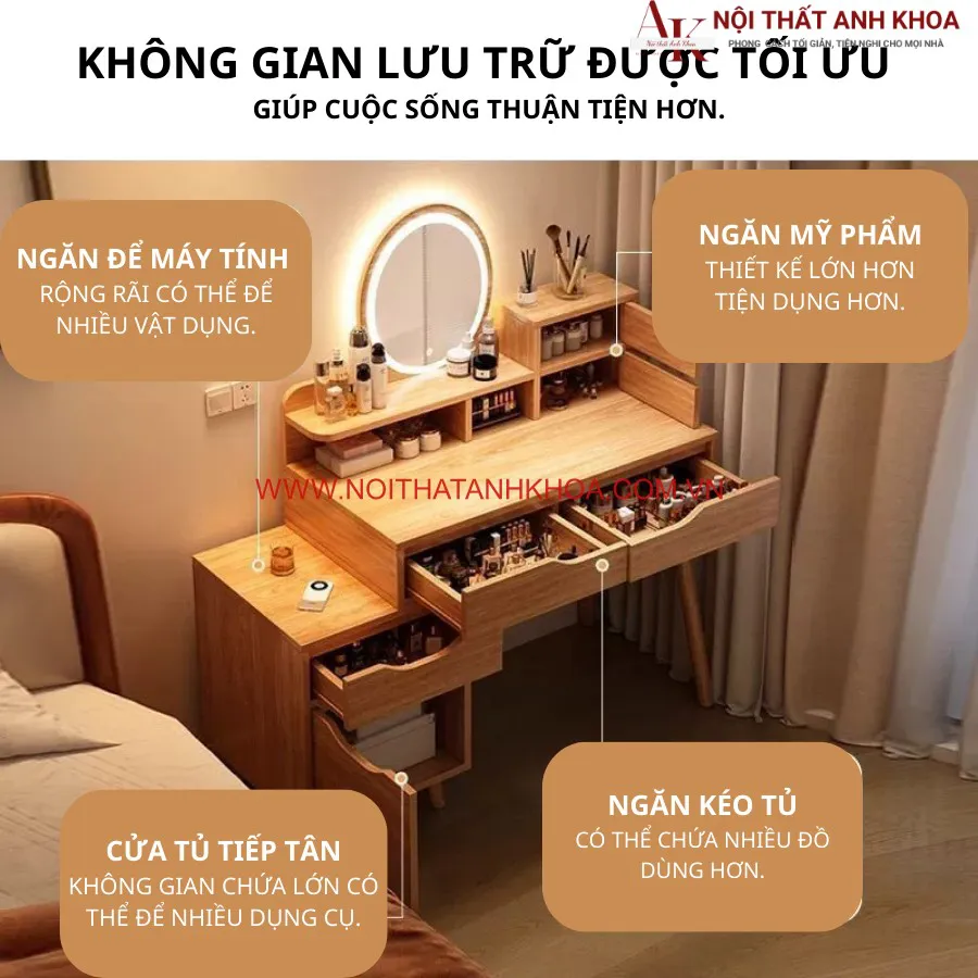 Bàn Trang Điểm Hiện Đại Gỗ Công Nghiệp Có Đèn Led
