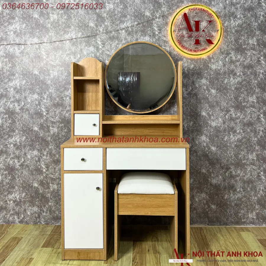 Bàn Trang Điểm Kính Tròn Màu Vàng Gỗ MDF Phủ Melamine Hiện Đại Giá Rẻ