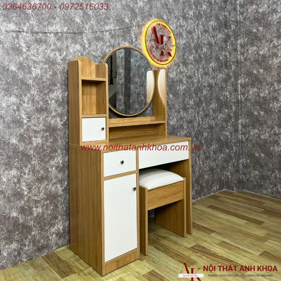 Bàn Trang Điểm Kính Tròn Màu Vàng Gỗ MDF Phủ Melamine Hiện Đại Giá Rẻ