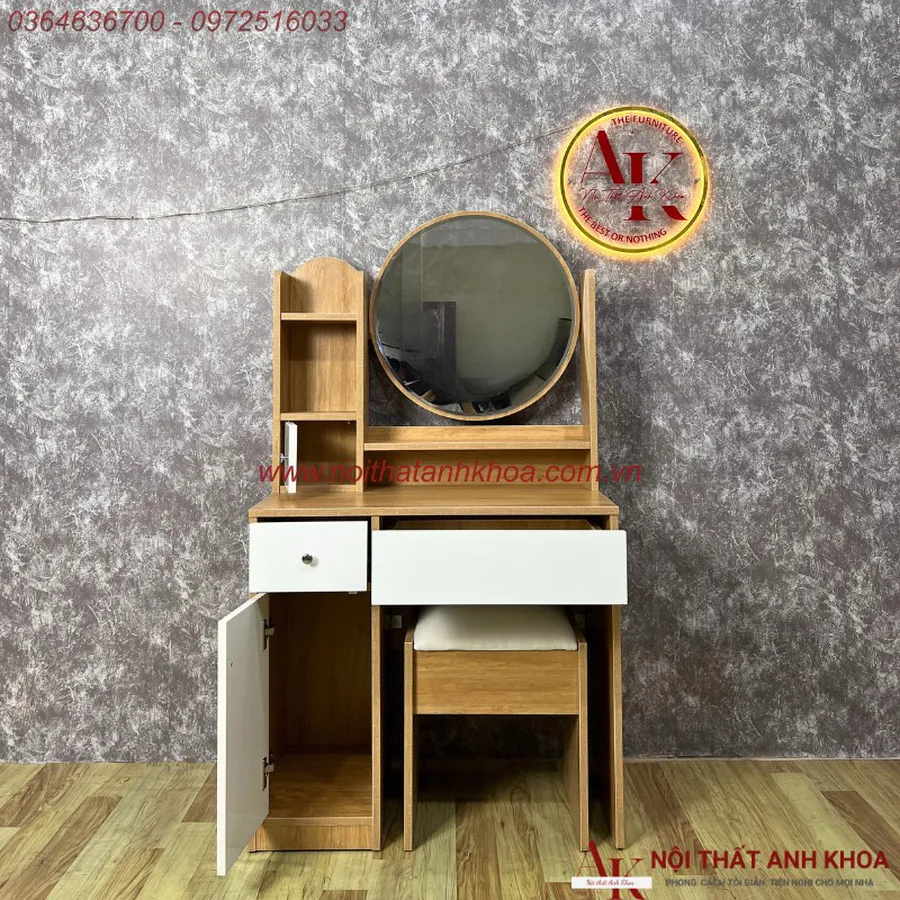 Bàn Trang Điểm Kính Tròn Màu Vàng Gỗ MDF Phủ Melamine Hiện Đại Giá Rẻ