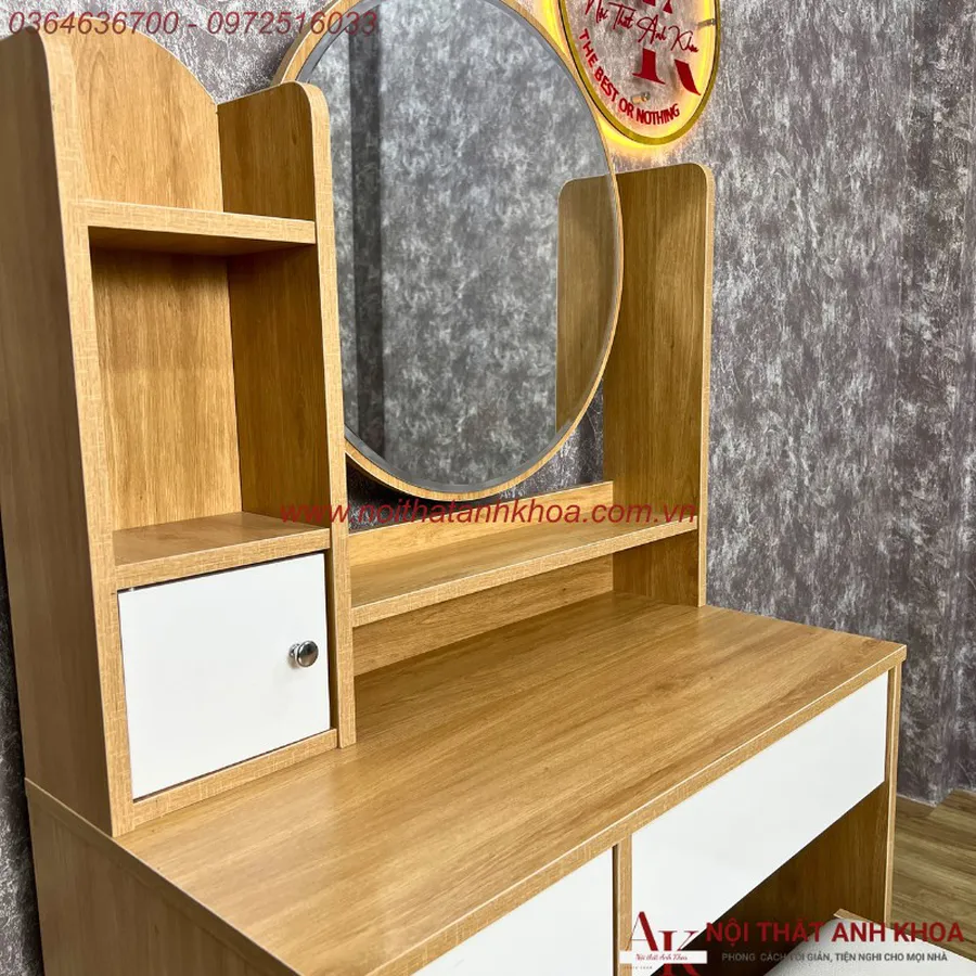 Bàn Trang Điểm Kính Tròn Màu Vàng Gỗ MDF Phủ Melamine Hiện Đại Giá Rẻ