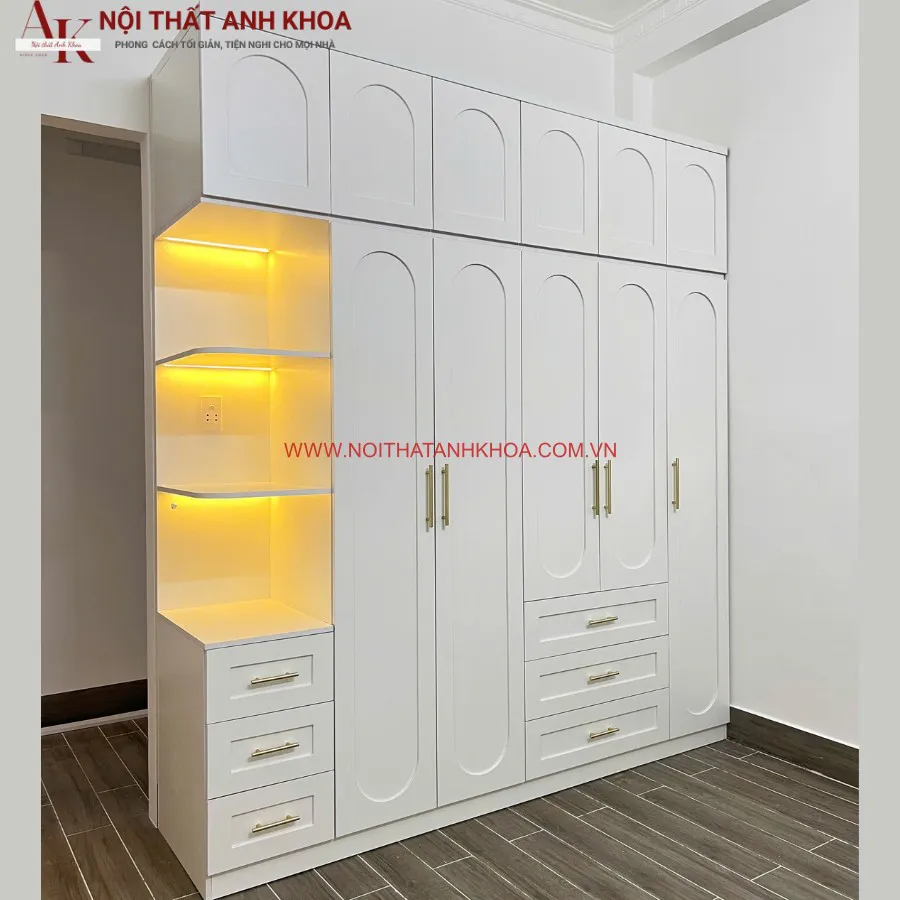 Tủ Quần Áo Gỗ Công Nghiệp Màu Trắng Phong Cách Tân Cổ Điển