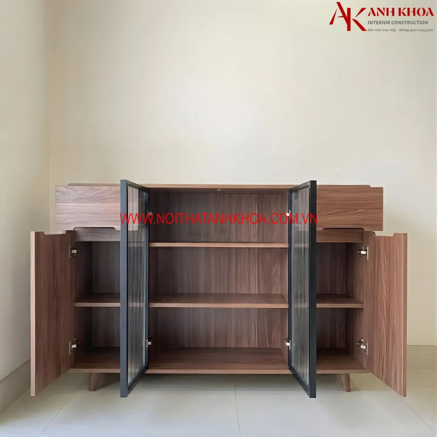 Tủ Bếp Đa Năng Màu Óc Chó Kết Hợp Cánh Kính