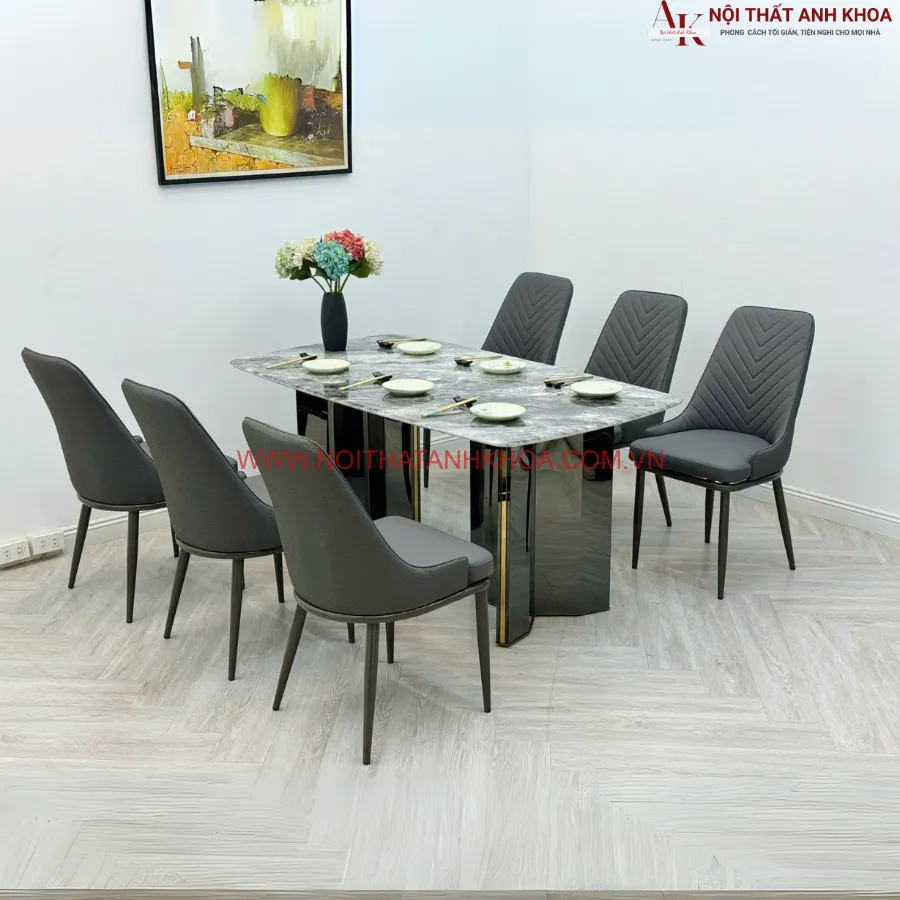Bộ Bàn Ăn 6 Ghế Đẹp Mặt Đá Màu Xám