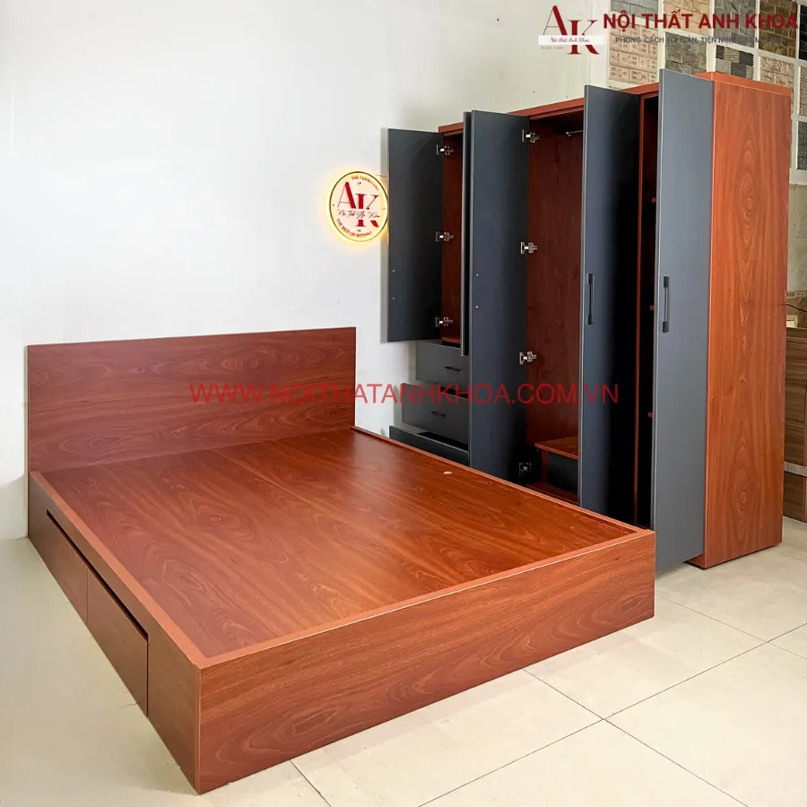 Bộ Combo Giường Tủ Gỗ Công Nghiệp Màu Xoan Đào