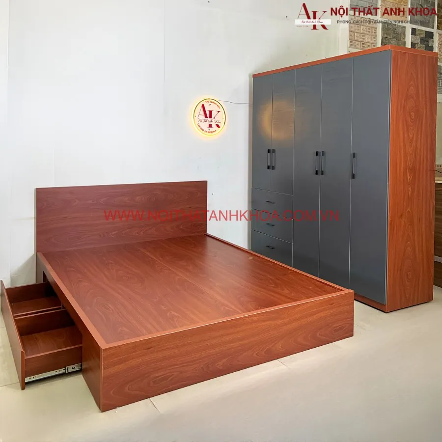 Bộ Combo Giường Tủ Gỗ Công Nghiệp Màu Xoan Đào