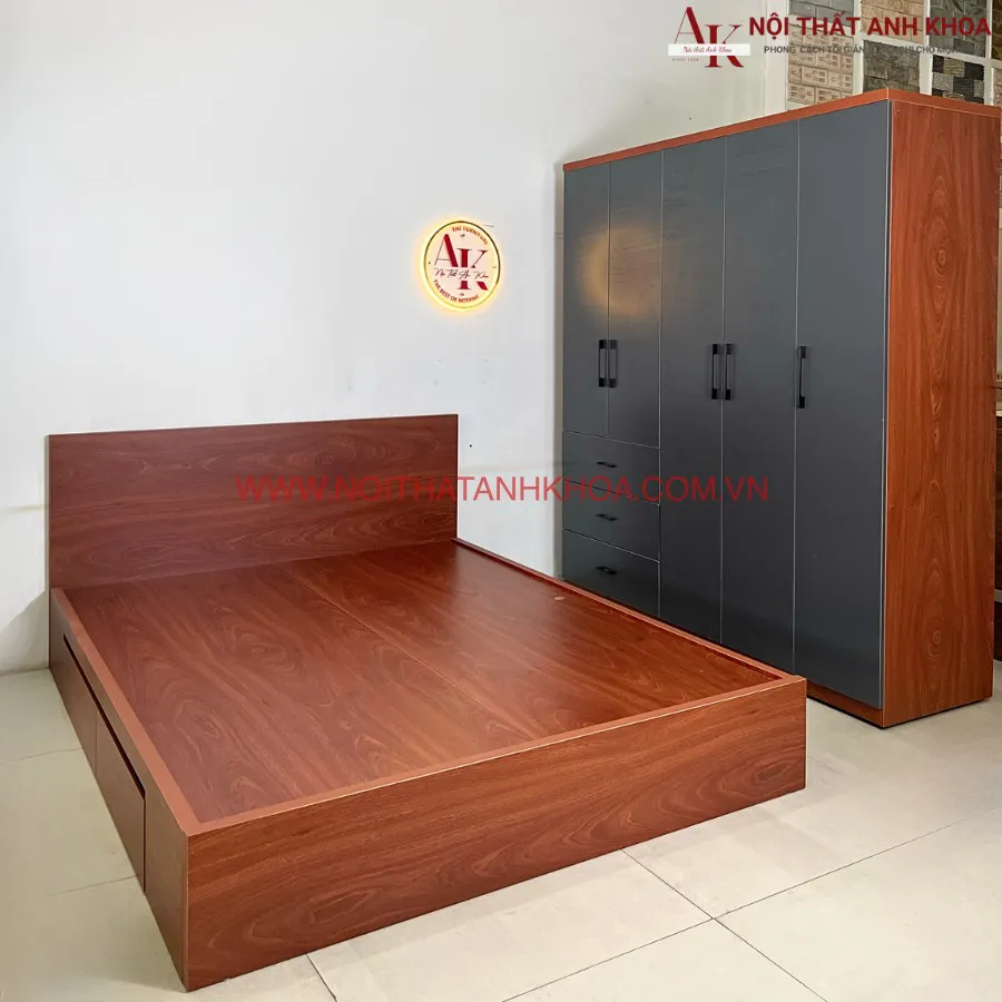 Bộ Combo Giường Tủ Gỗ Công Nghiệp Màu Xoan Đào