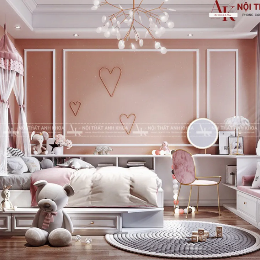 Bộ Phòng Ngủ Màu Hồng Cho Bé Gái