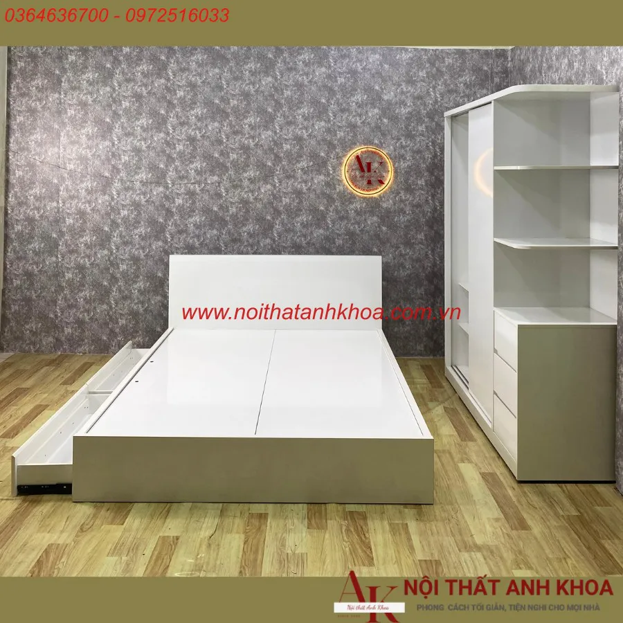 Combo Giường Tủ Gỗ Công Nghiệp Màu Trắng Phong Cách Tối Giản