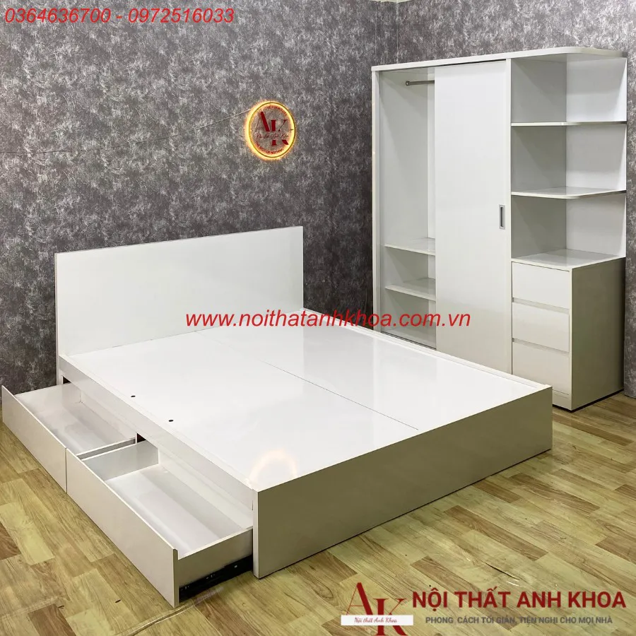 Combo Giường Tủ Gỗ Công Nghiệp Màu Trắng Phong Cách Tối Giản