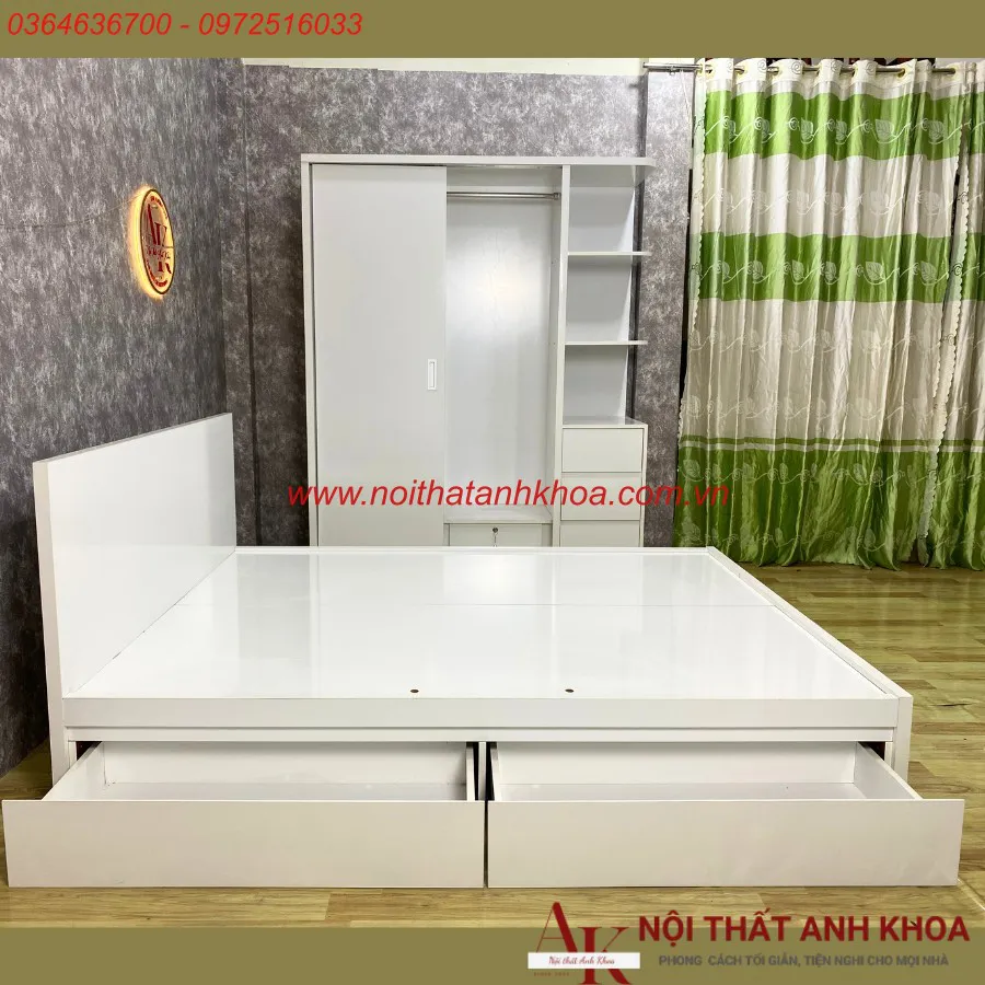 Combo Giường Tủ Gỗ Công Nghiệp Màu Trắng Phong Cách Tối Giản
