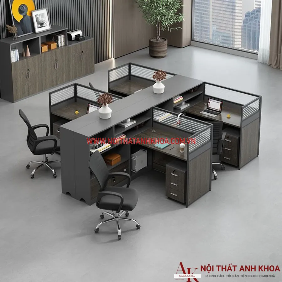 Cụm Bàn Làm Việc 4 Chỗ Gỗ Công Nghiệp Hiện Đại