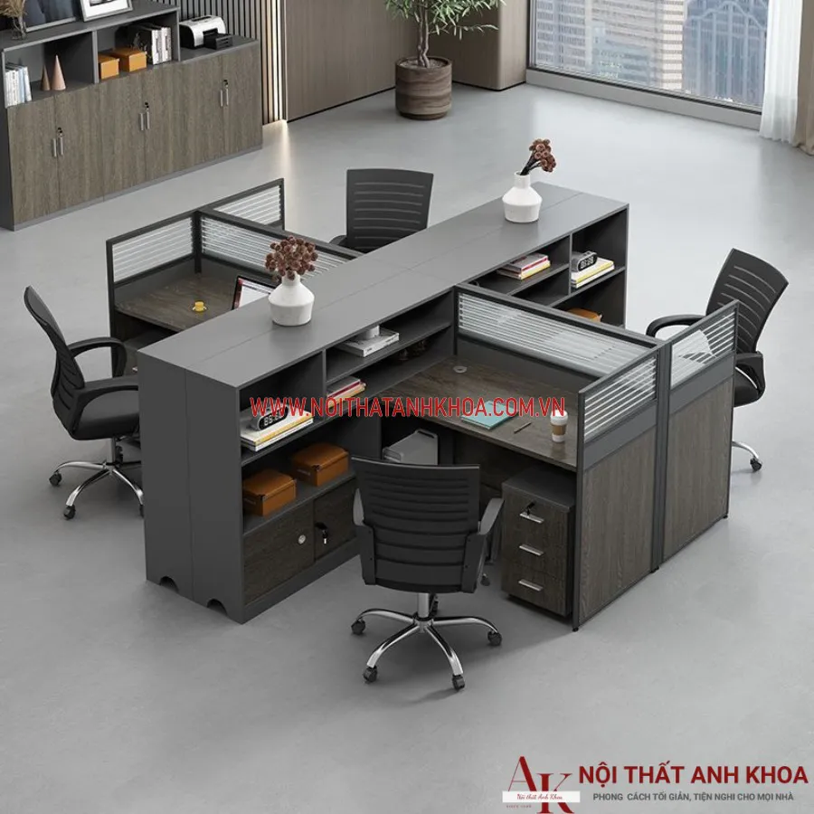 Cụm Bàn Làm Việc 4 Chỗ Gỗ Công Nghiệp Hiện Đại
