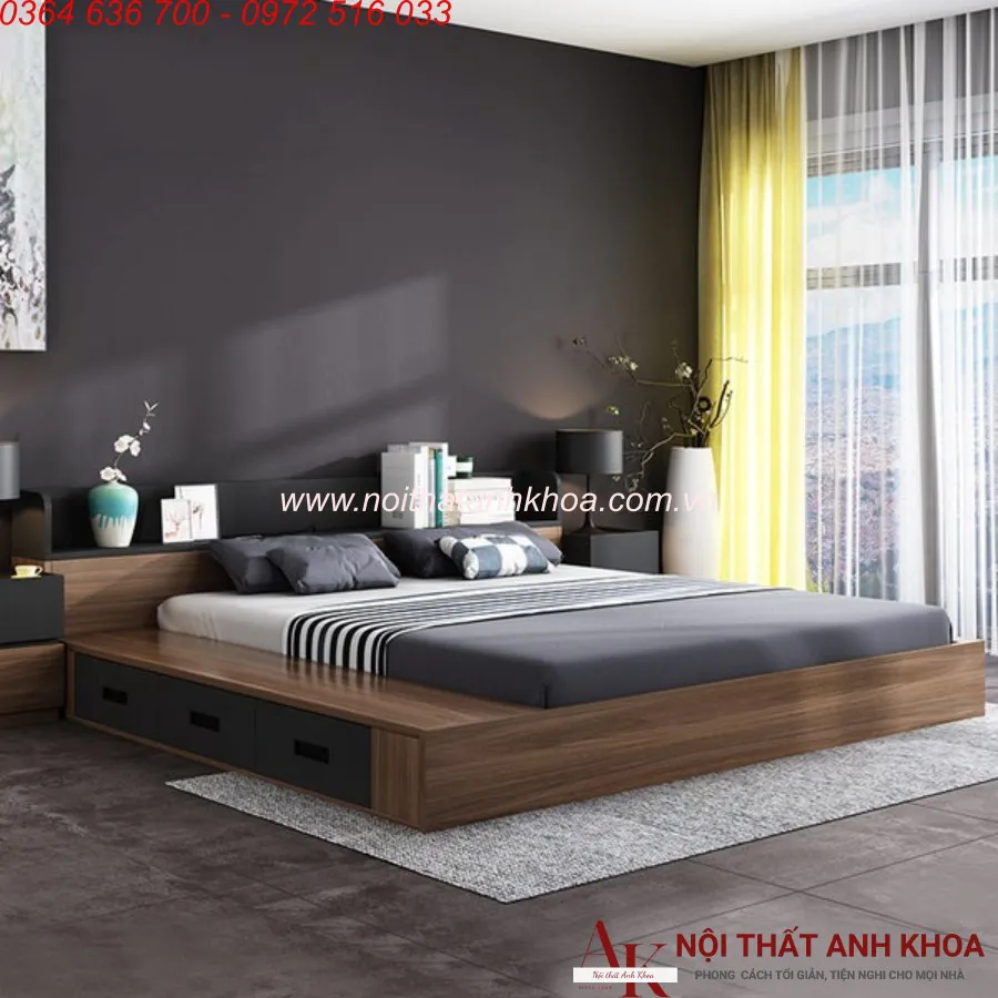 Giường Ngủ Gỗ Công Nghiệp Có Ngăn Kéo Màu Óc Chó Đẹp Giá Tốt