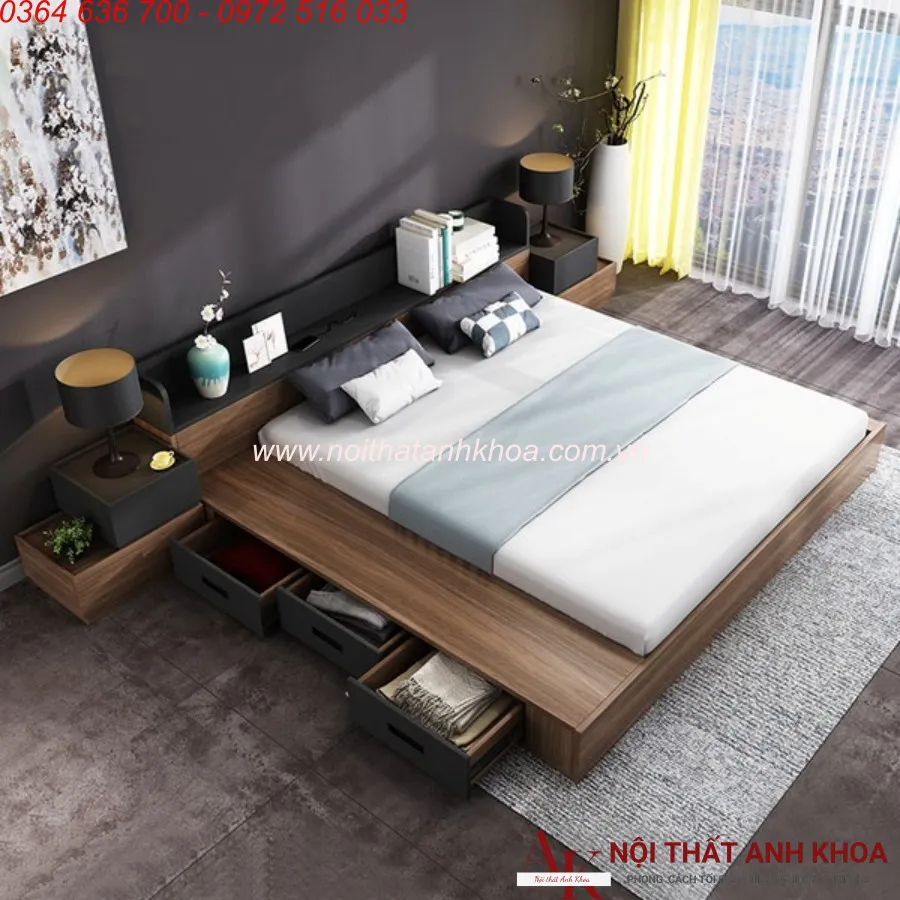 Giường Ngủ Gỗ Công Nghiệp Có Ngăn Kéo Màu Óc Chó Đẹp Giá Tốt