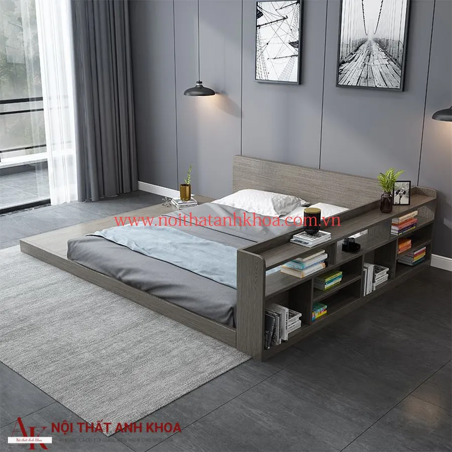 Giường Ngủ Bệt Gỗ MDF Có Kệ Sách