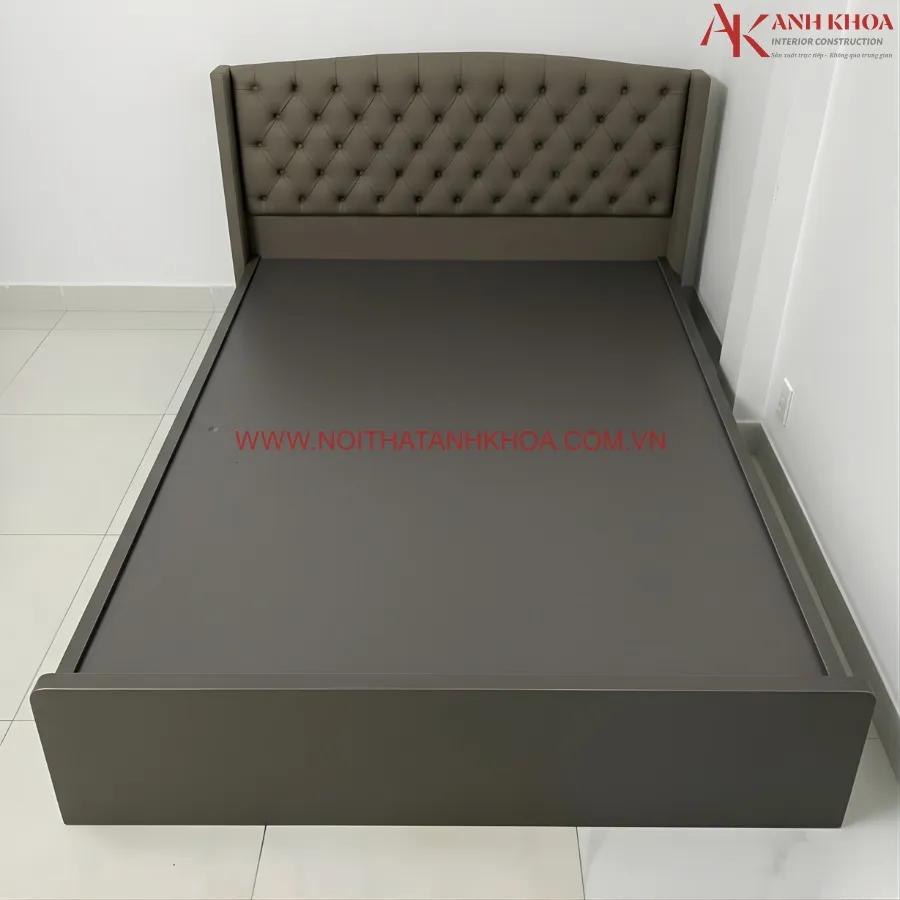 Giường Ngủ Đầu Bọc Nệm Màu Xám Gỗ Công Nghiệp