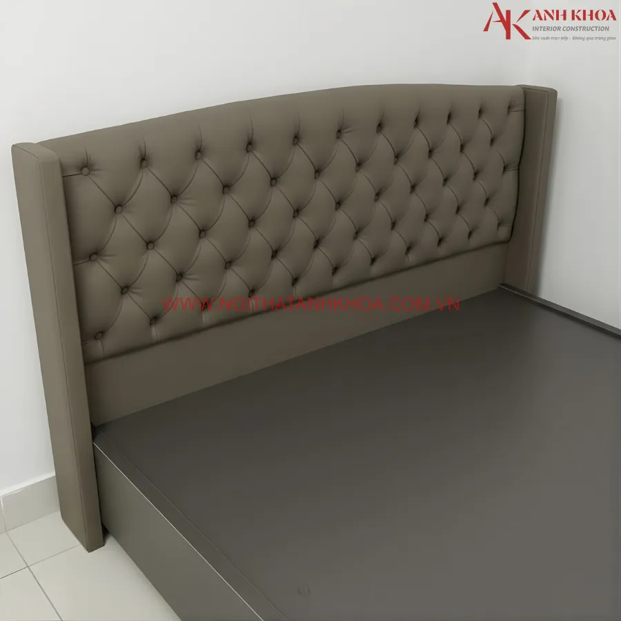 Giường Ngủ Đầu Bọc Nệm Màu Xám Gỗ Công Nghiệp