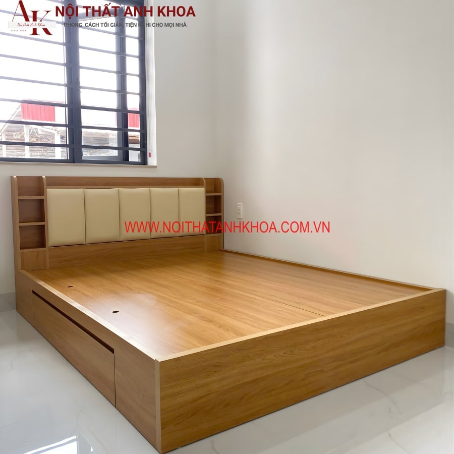 Giường Ngủ Gỗ Công Nghiệp Đầu Kệ Màu Vàng Hiện Đại Giá Tốt