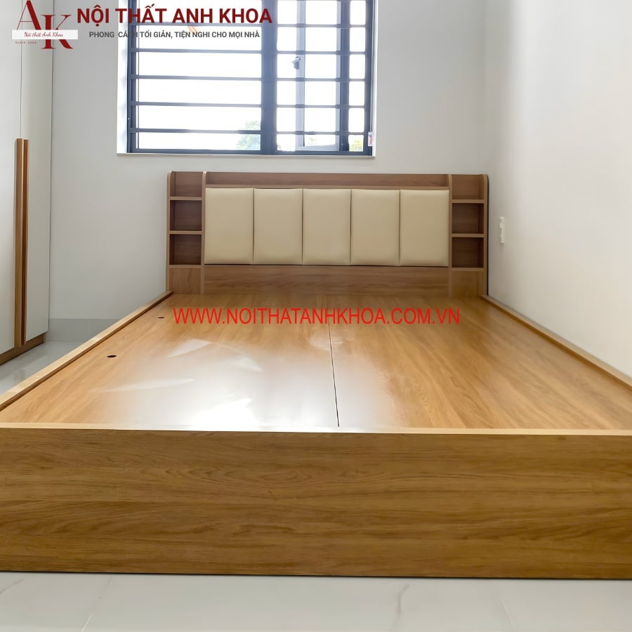 Giường Ngủ Gỗ Công Nghiệp Đầu Kệ Màu Vàng Hiện Đại Giá Tốt