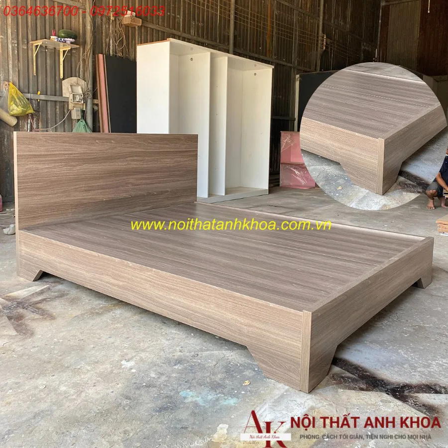 Giường Ngủ Giá Rẻ Gỗ Công Nghiệp Chân Cao Màu Nâu Vân Gỗ