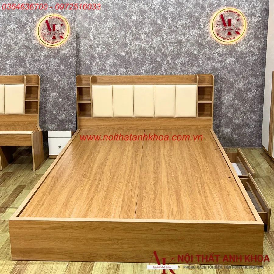 Giường Ngủ Gỗ Công Nghiệp Đầu Kệ Màu Vàng Hiện Đại Giá Tốt
