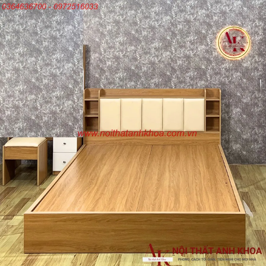 Giường Ngủ Gỗ Công Nghiệp Đầu Kệ Màu Vàng Hiện Đại Giá Tốt