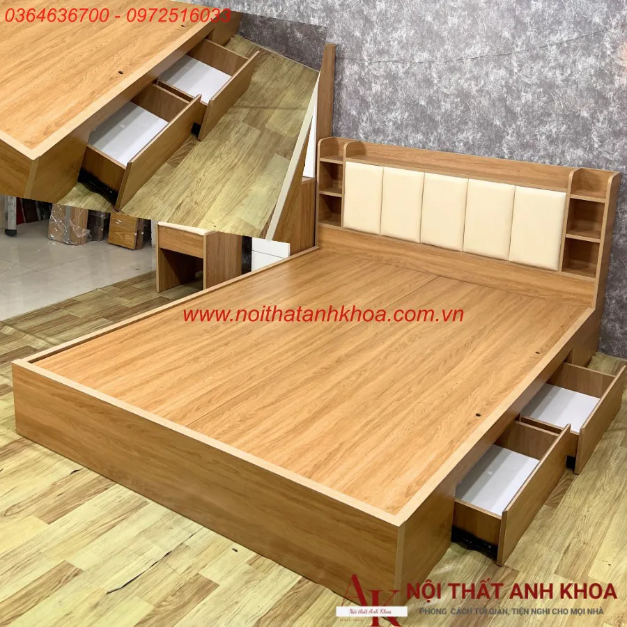 Giường Ngủ Gỗ Công Nghiệp Đầu Kệ Màu Vàng Hiện Đại Giá Tốt