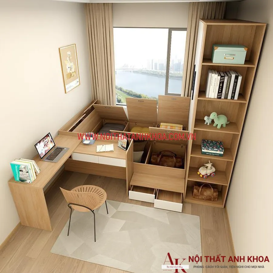 Giường Ngủ Gỗ Công Nghiệp Kết Hợp Bàn Học và Tủ Áo