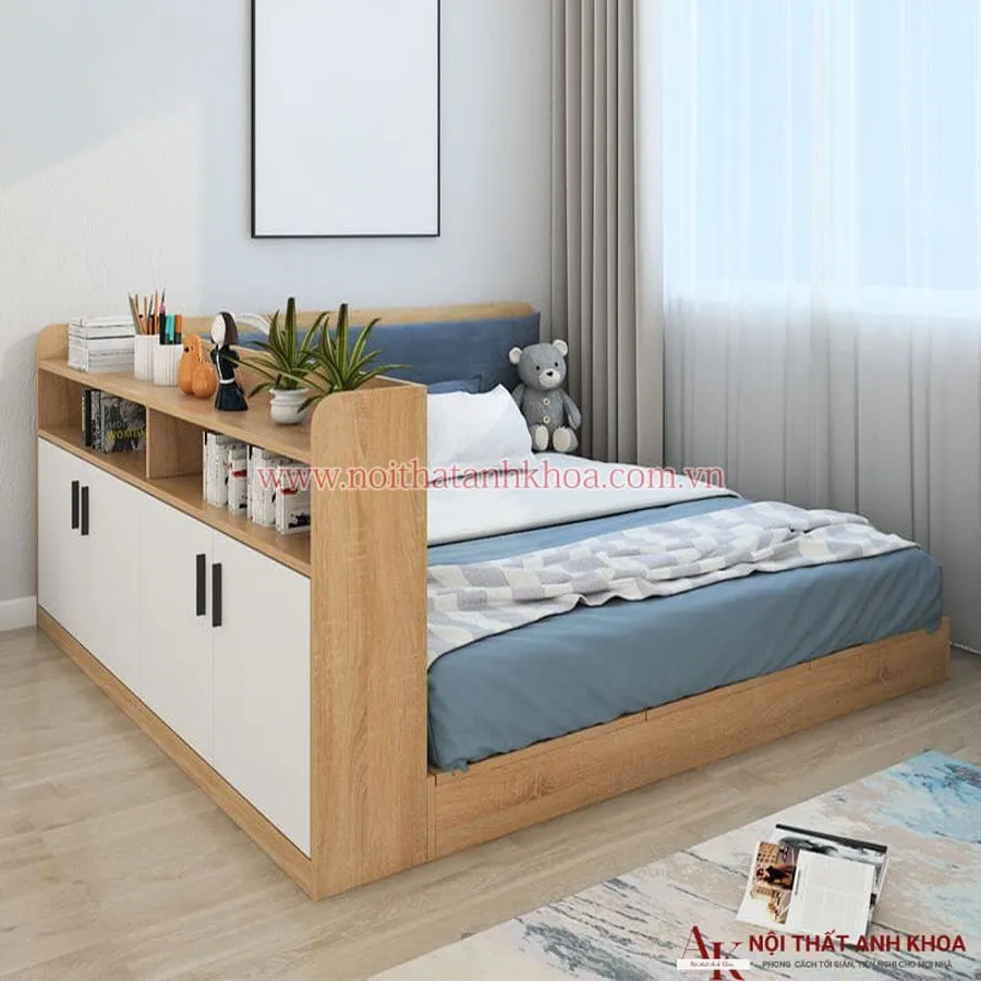 Giường Ngủ Gỗ Công Nghiệp Kết Hợp Kệ Sách Thông Minh