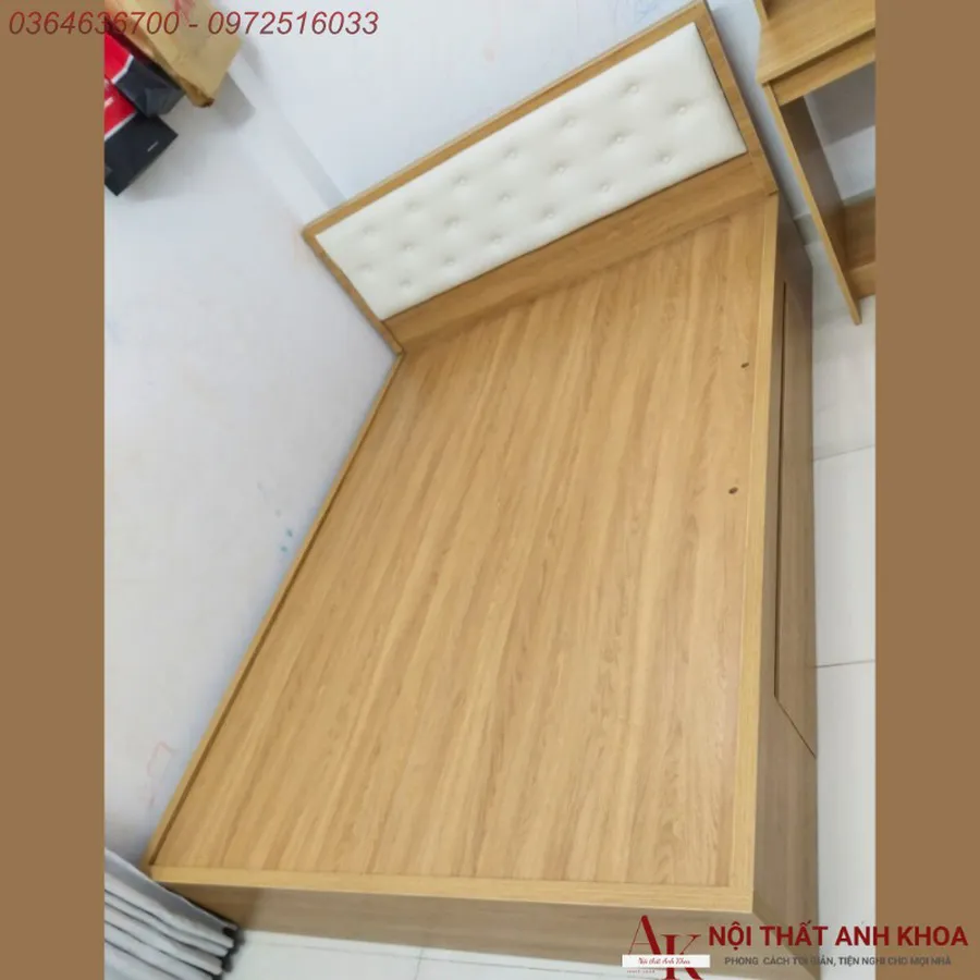 Giường Ngủ Gỗ Công Nghiệp MDF Màu Vàng Đầu Nệm Êm Cùng 2 Hộc Chứa Đồ Tiện Lợi