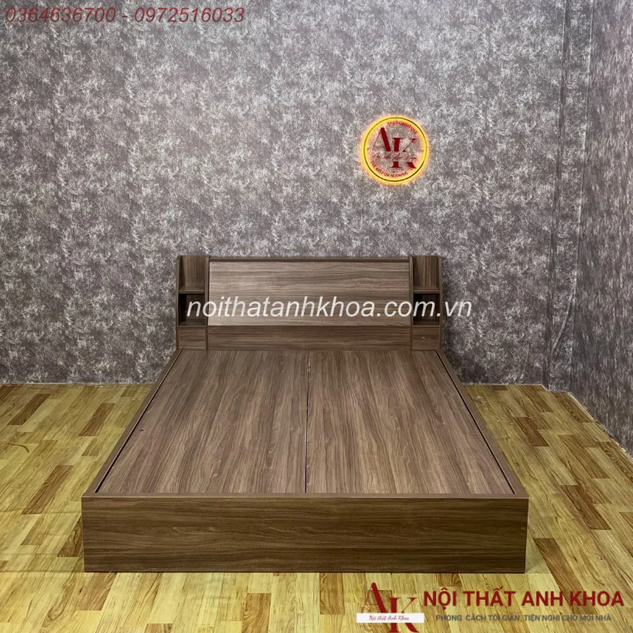 Giường Ngủ Gỗ Công Nghiệp Đầu Kệ Tựa Lưng Màu Nâu Kèm 2 Hộc Chứa Đồ Tiện Nghi