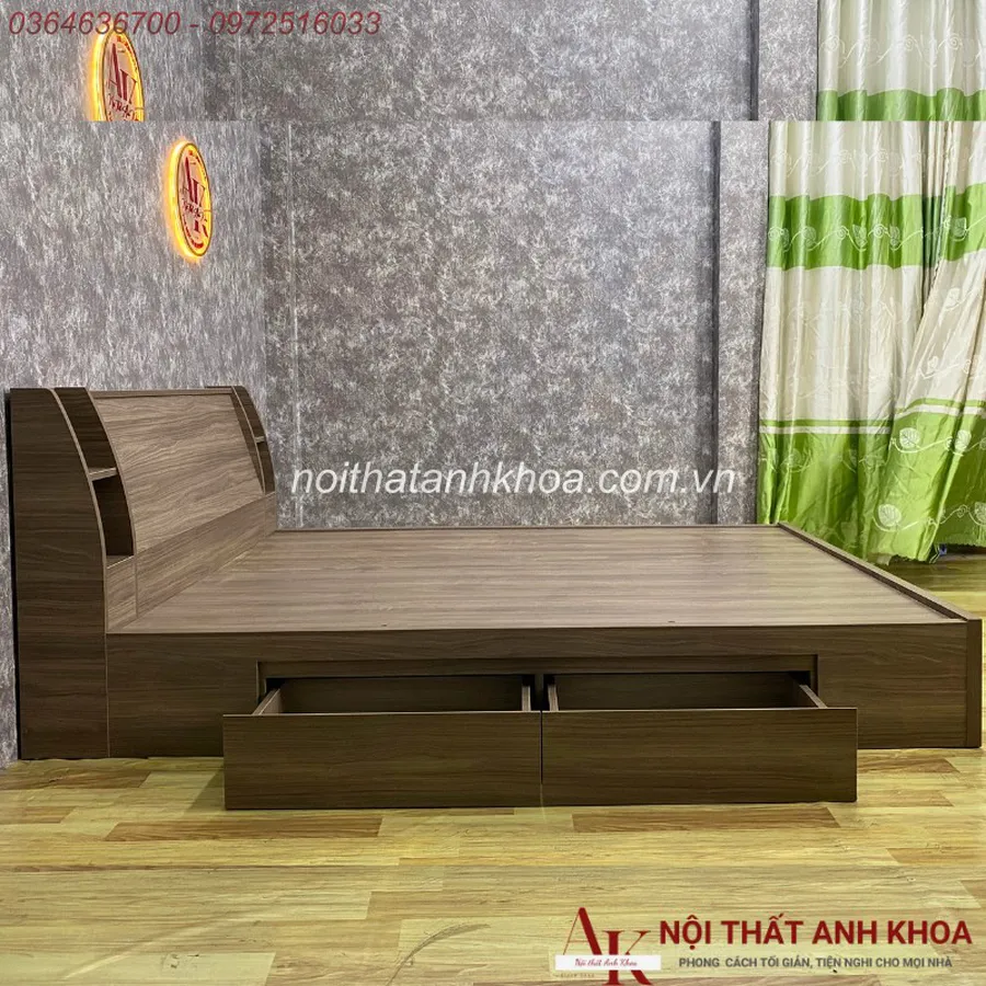 Giường Ngủ Gỗ Công Nghiệp Đầu Kệ Tựa Lưng Màu Nâu Kèm 2 Hộc Chứa Đồ Tiện Nghi