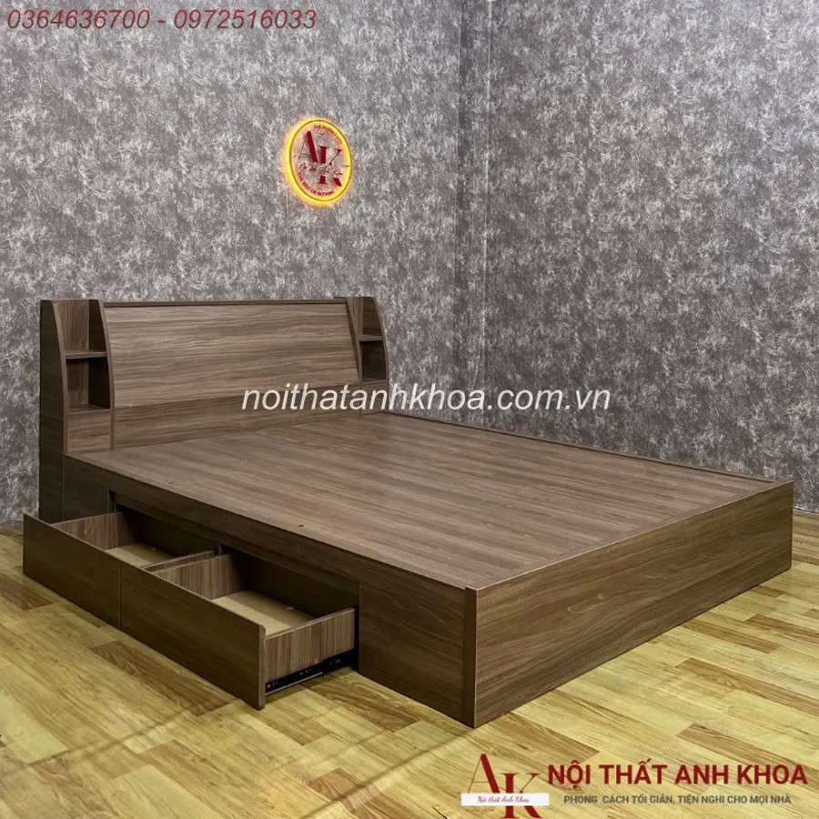 Giường Ngủ Gỗ Công Nghiệp Đầu Kệ Tựa Lưng Màu Nâu Kèm 2 Hộc Chứa Đồ Tiện Nghi