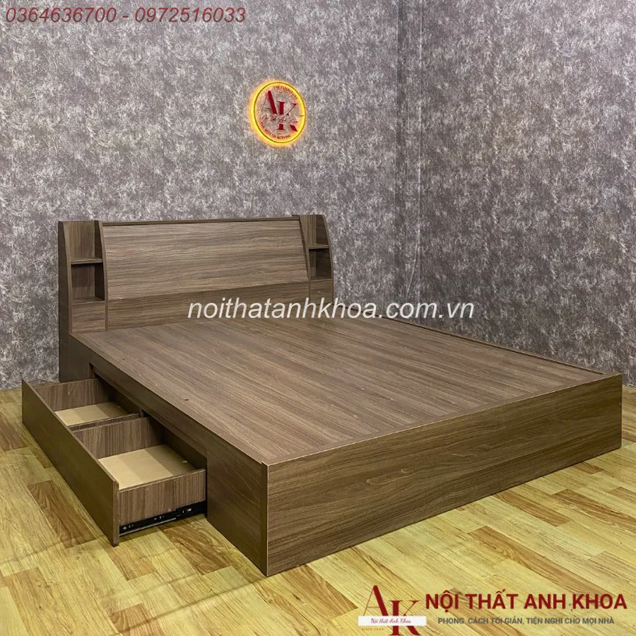 Giường Ngủ Gỗ Công Nghiệp Đầu Kệ Tựa Lưng Màu Nâu Kèm 2 Hộc Chứa Đồ Tiện Nghi