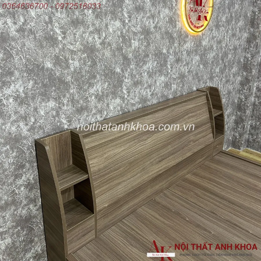 Giường Ngủ Gỗ Công Nghiệp Đầu Kệ Tựa Lưng Màu Nâu Kèm 2 Hộc Chứa Đồ Tiện Nghi