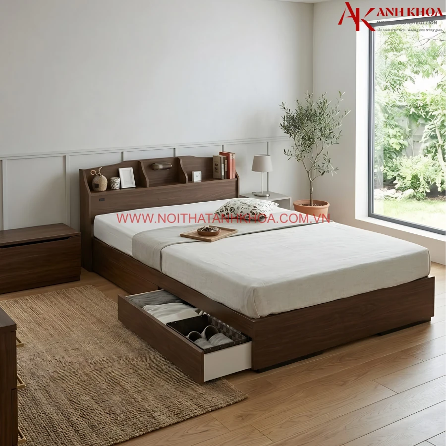 Giường Ngủ Gỗ MDF Thiết Kế Đầu Kệ Thông Minh