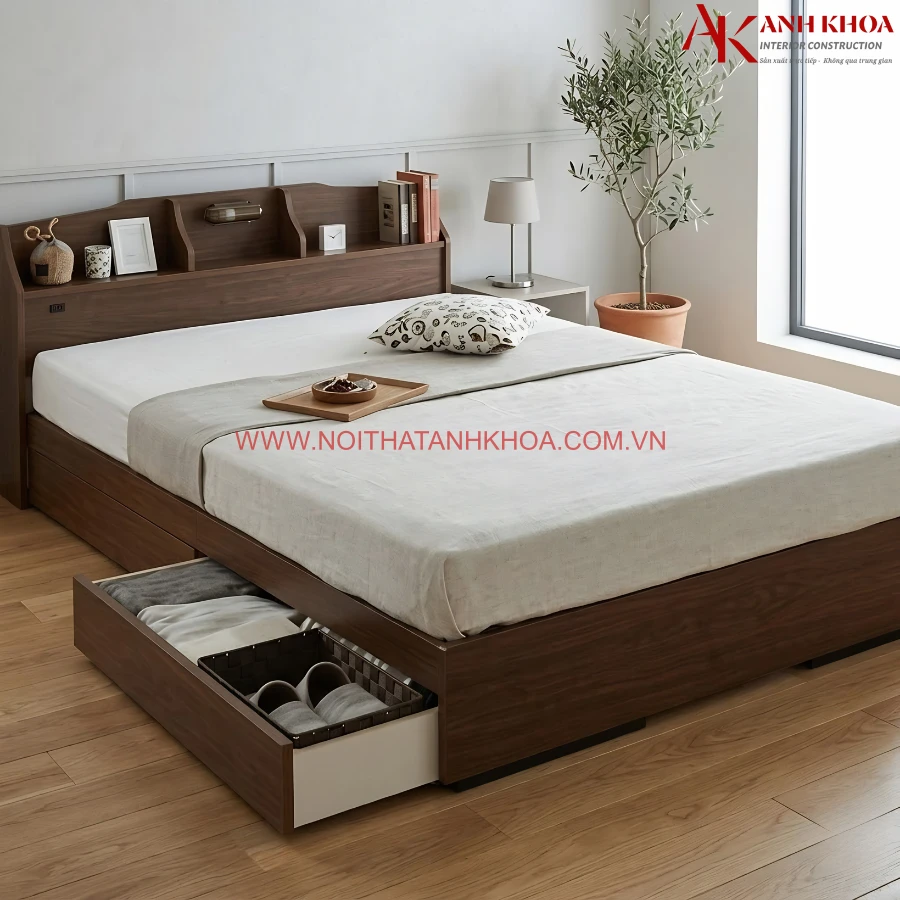 Giường Ngủ Gỗ MDF Thiết Kế Đầu Kệ Thông Minh