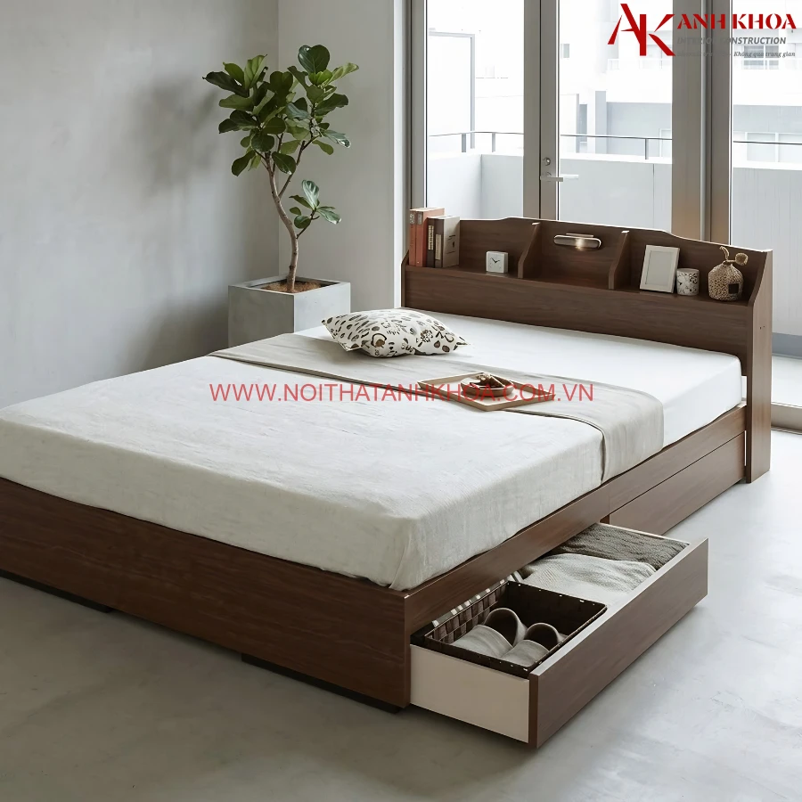 Giường Ngủ Gỗ MDF Thiết Kế Đầu Kệ Thông Minh