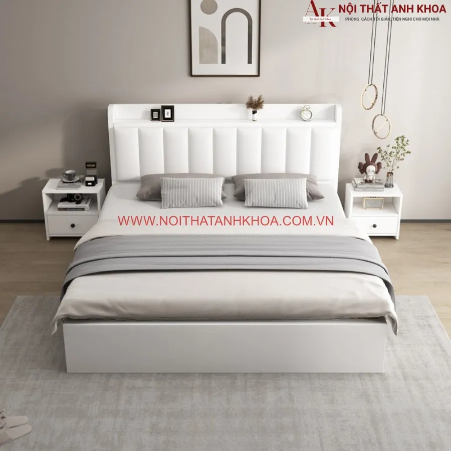 Giường Ngủ Màu Trắng Gỗ Công Nghiệp Đầu Bọc Nệm Đẹp Hiện Đại