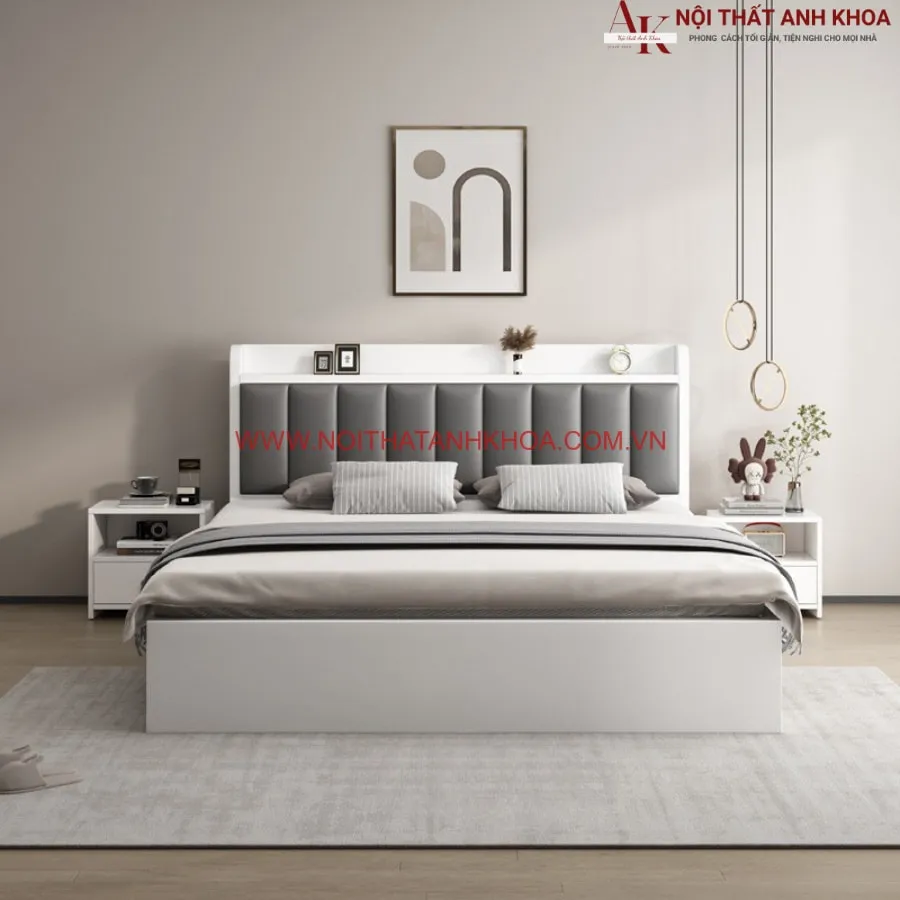 Giường Ngủ Màu Trắng Gỗ Công Nghiệp Đầu Bọc Nệm Đẹp Hiện Đại